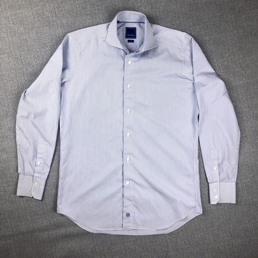 David Donahue Mens Dress Shirt Trim Fit 16 34/35 Blue White Stripe